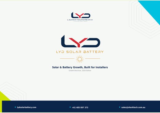 Cover of the LYD Solar Battery capability statement, the 2026 growth brochure