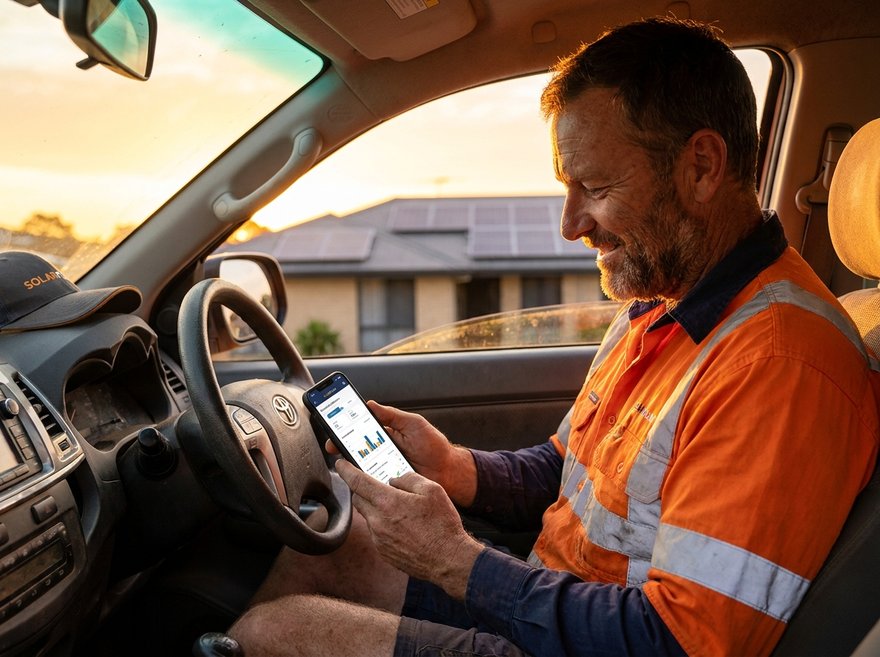Solar tradesman checking his business dashboard from the ute at the end of the day