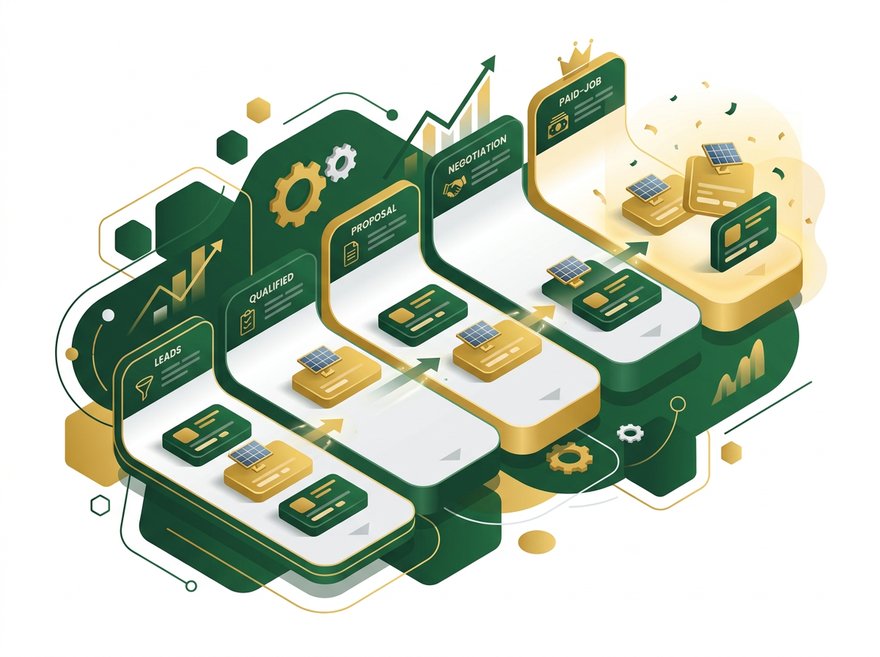 CRM pipeline illustration: solar job cards moving from lead through proposal to paid job