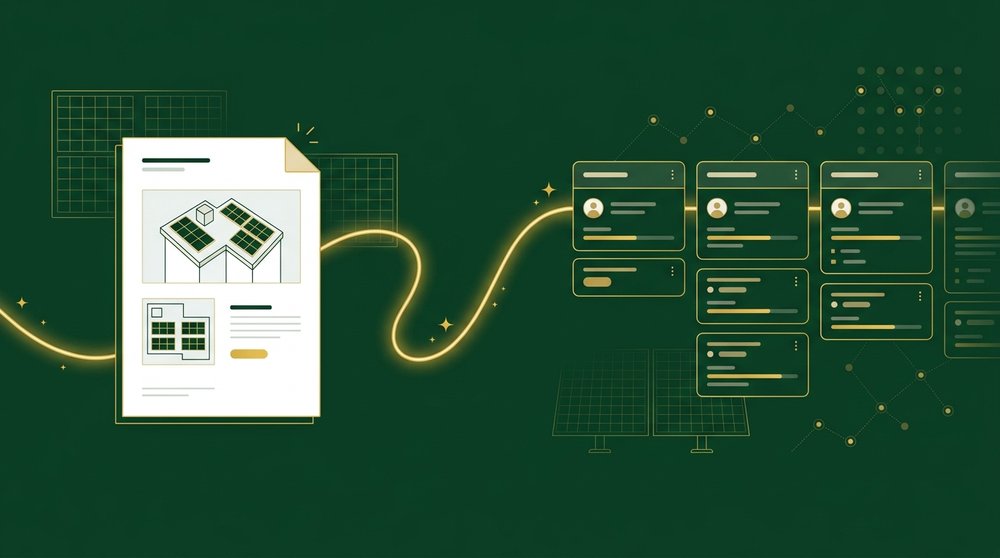 Illustration: a Pylon solar design proposal flowing along a golden line into CRM pipeline cards